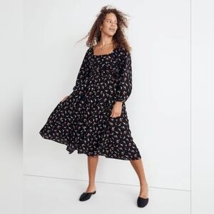 Madewell Woodland Black Floral Midi Dress (Size Medium)